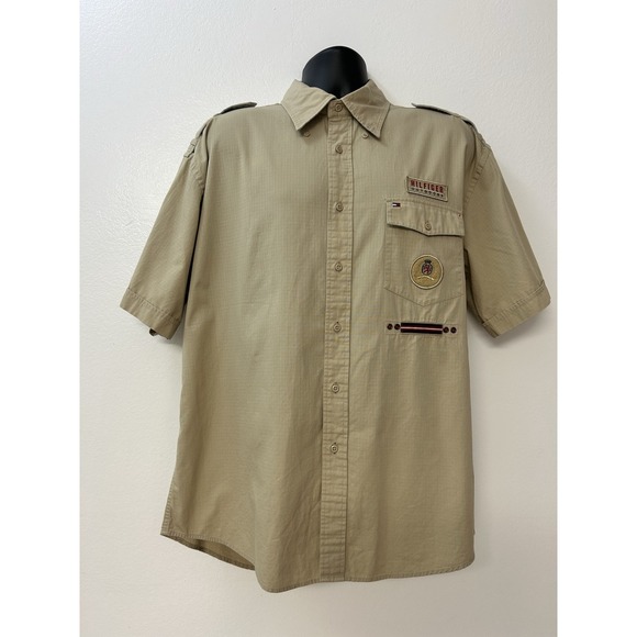 Vintage Tommy Hilfiger  Shirt Men XL Tan Button Up Safari  Patch Work - Picture 1 of 10